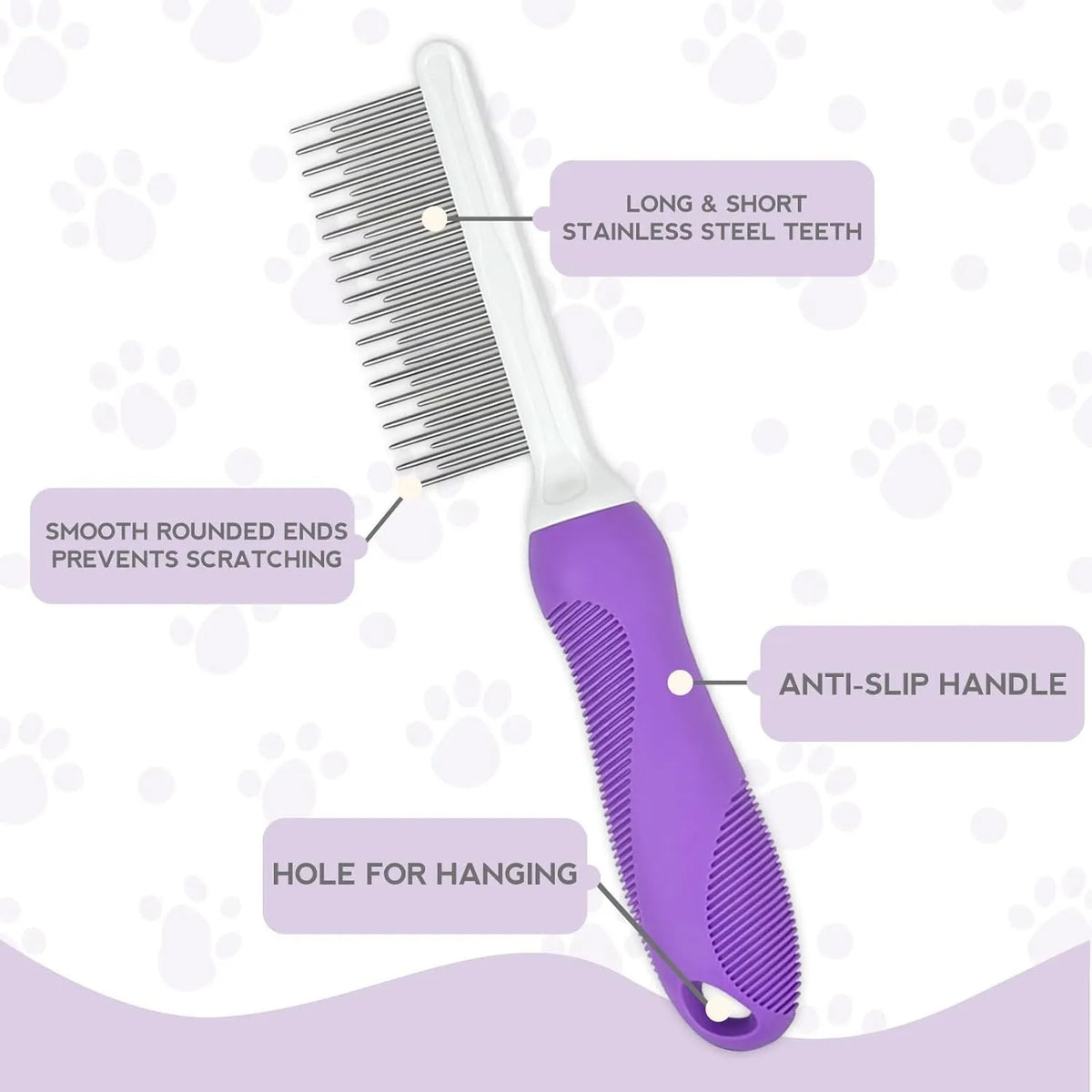 Purple pet detangling comb with stainless steel long and short teeth on a white background