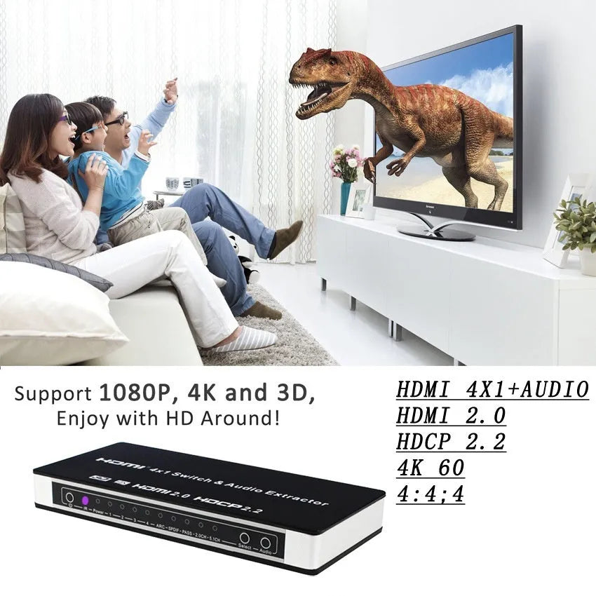 Black HDMI switch box with four inputs one output for HD video switching with remote control