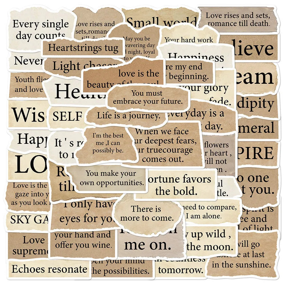 Pack of 25 torn English style PVC waterproof stickers for laptop and notebook decoration measuring 4-7cm
