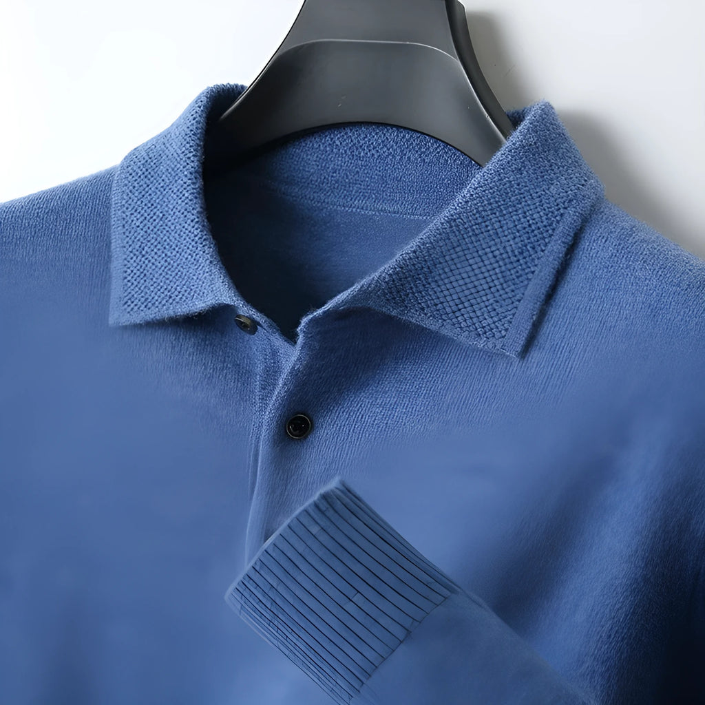 Men's grey woolen pullover sweater with a polo collar and long sleeves on a hanger