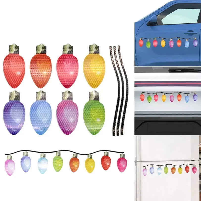 Christmas magnetic reflective bulb set showing white honeycomb bulbs and magnetic wires for car decoration