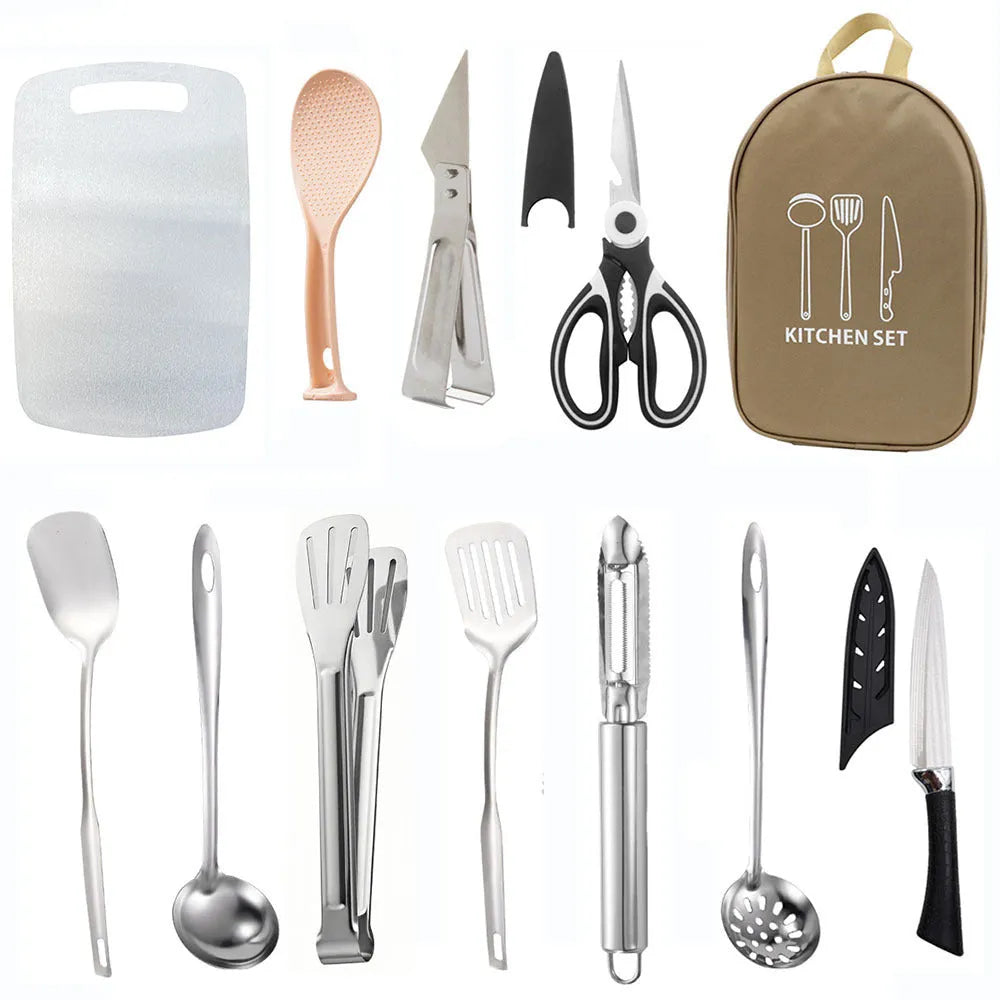 Brown portable picnic kitchenware storage bag containing 12-piece stainless steel cutlery set