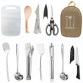 Brown portable picnic kitchenware storage bag containing 12-piece stainless steel cutlery set