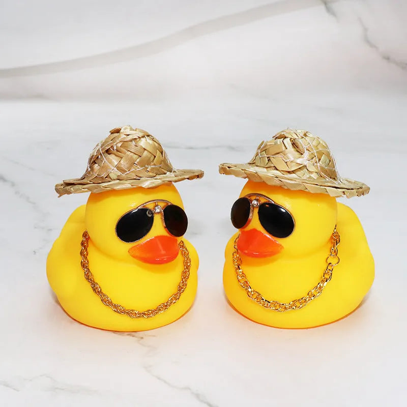 Yellow duck wearing straw hat car ornament with matte finish and included base glue