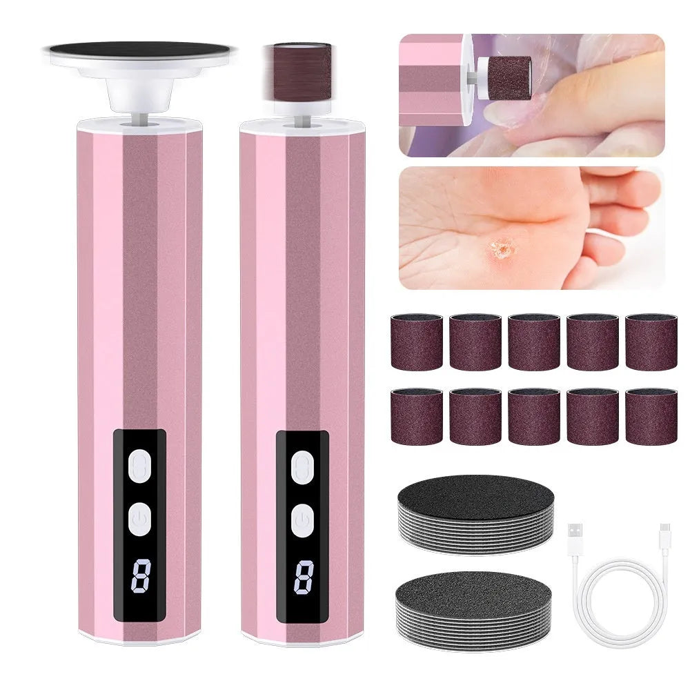 USB-powered electric callus remover tool with assorted sanding discs in pink, black, or purple colour.