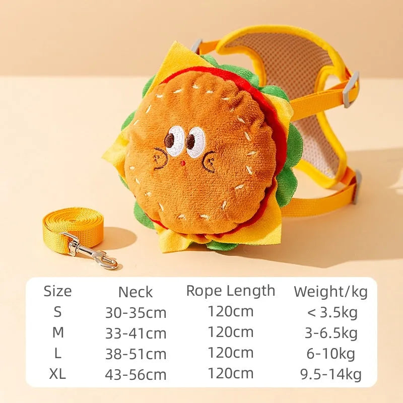 Cartoon hamburger design adjustable escape-proof vest harness and leash for a dog on a walk.