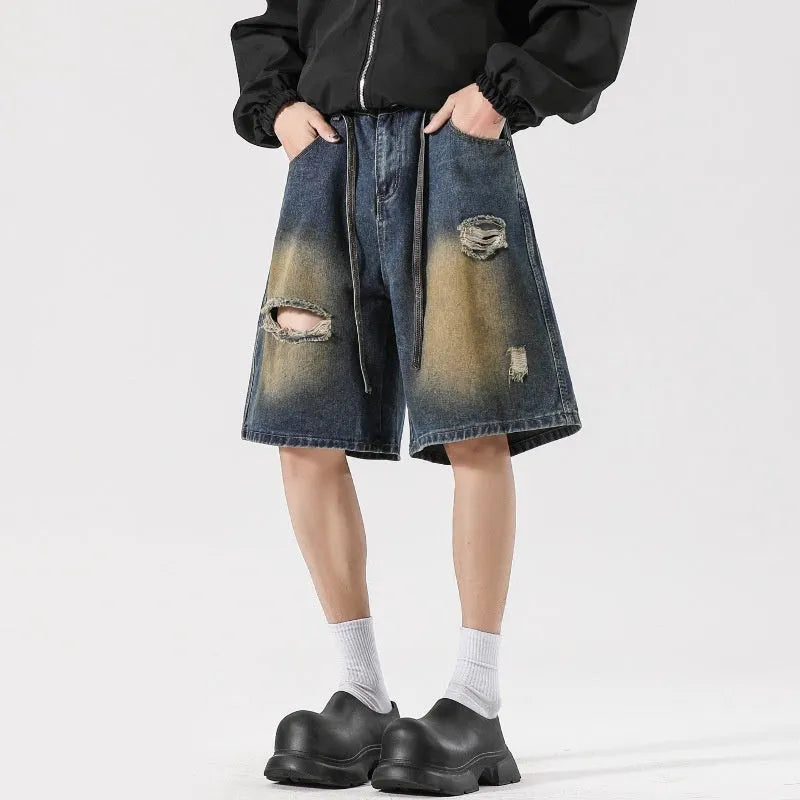 Retro blue loose fit distressed denim jeans with street style design