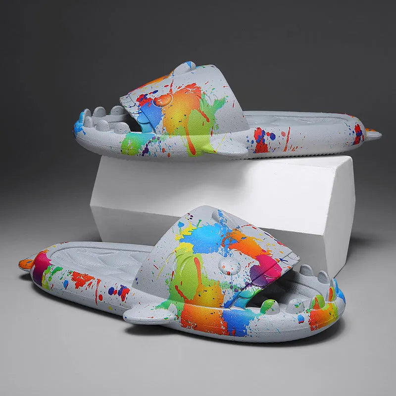 Shark design open-toe home slippers in EVA material on a white background.