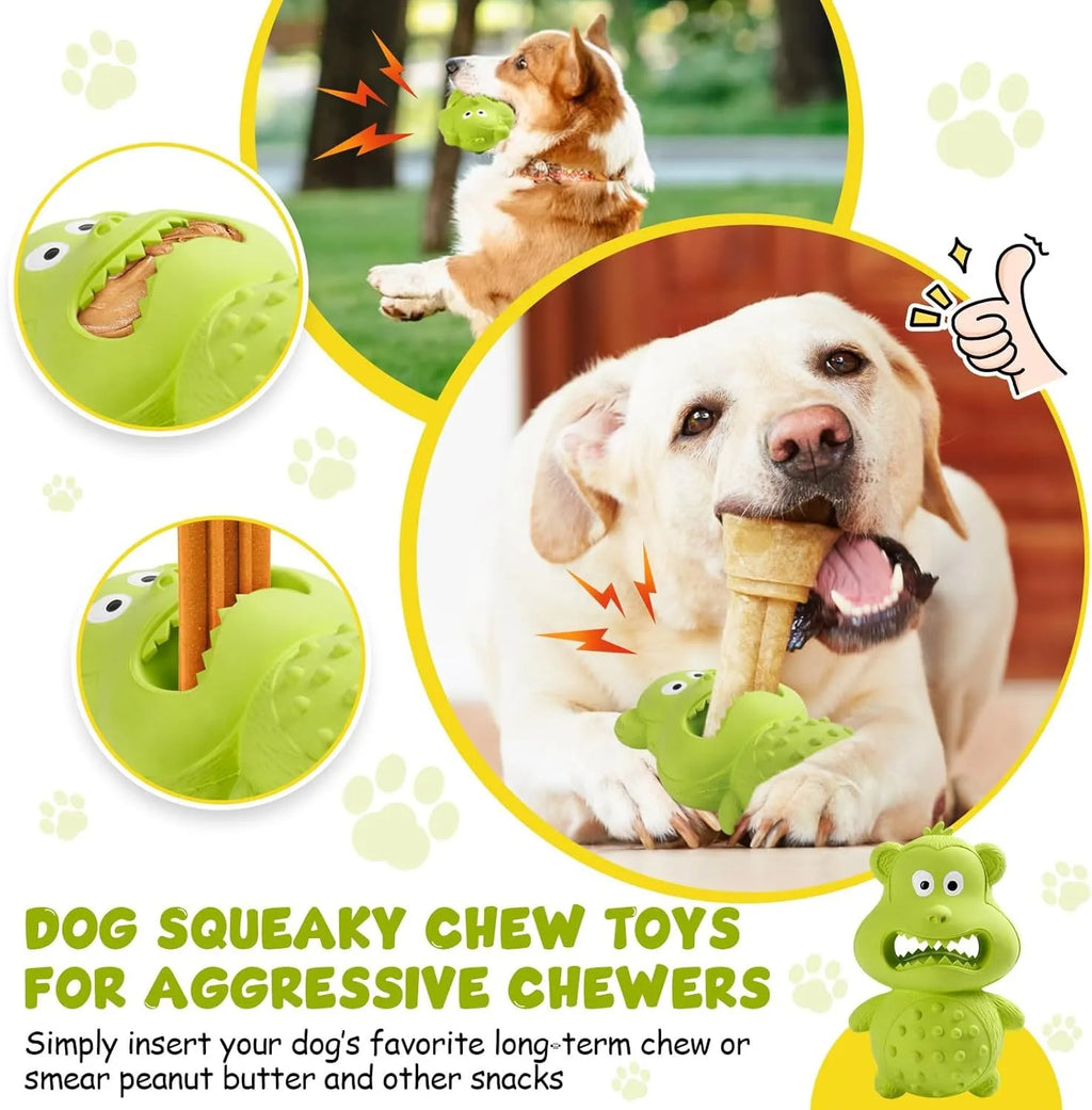 Green and yellow natural rubber squeaky dog toy with thick textured surface for aggressive chewers