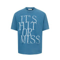 Men's blue American retro style t-shirt with white letter printing and loose fit design