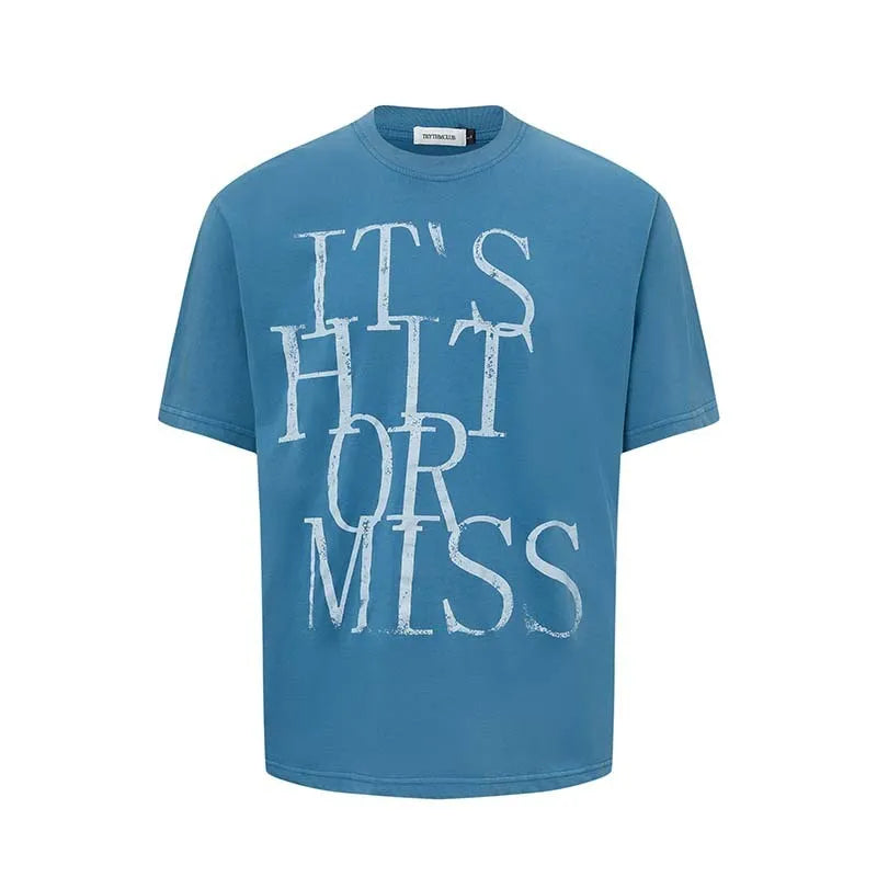 Men's blue American retro style t-shirt with white letter printing and loose fit design