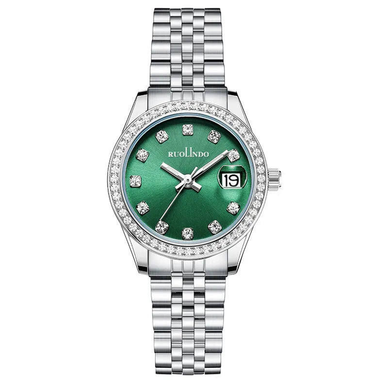 Women's silver alloy calendar watch with circular 32mm dial and stainless steel buckle