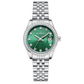 Women's silver alloy calendar watch with circular 32mm dial and stainless steel buckle