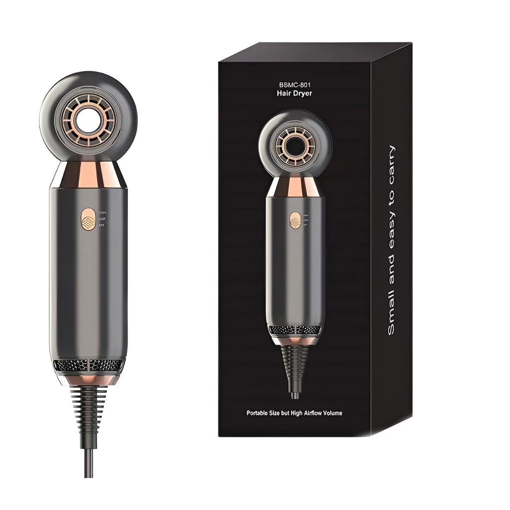 Compact white hair dryer with diffuser accessory showing 20cm length scale
