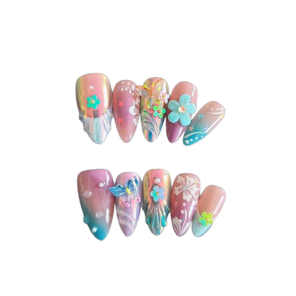 Handmade colourful 3D nail art sculptures of flowers and butterflies in four sizes XS S M L.