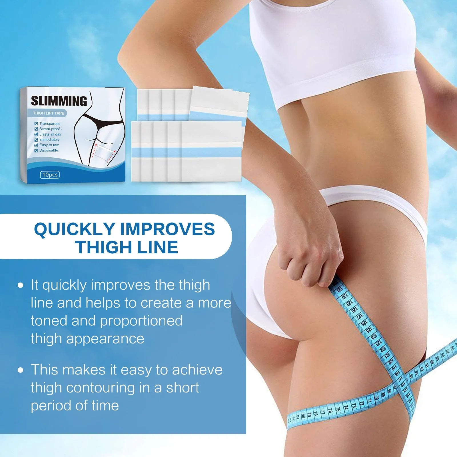 Box of 10 body shaping stickers showing one 12cm x 12cm patch with adhesive backing