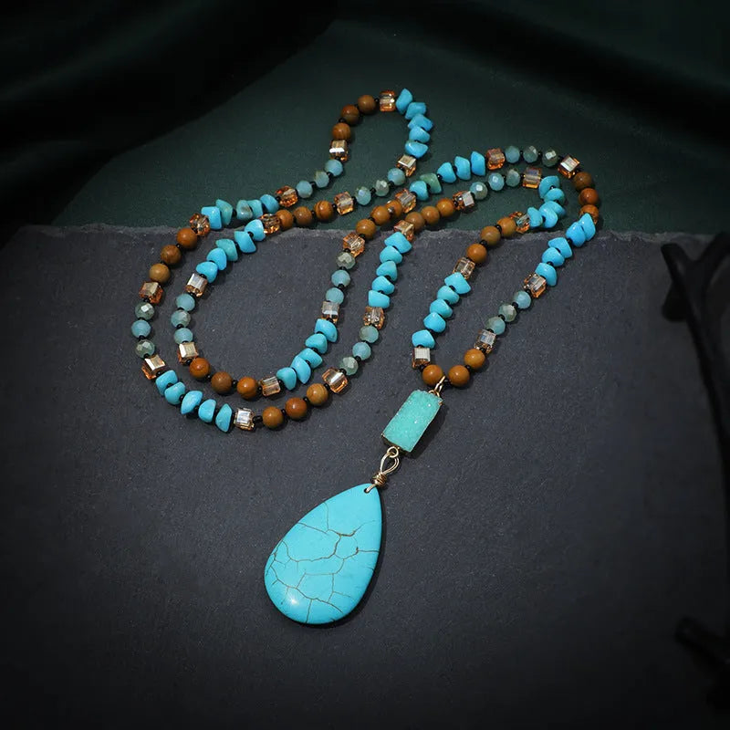 Turquoise water drop imitation mineral pendant on mixed material ball bead necklace chain