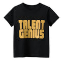 Black geometric print men's loose fit short sleeve T-shirt on hanger