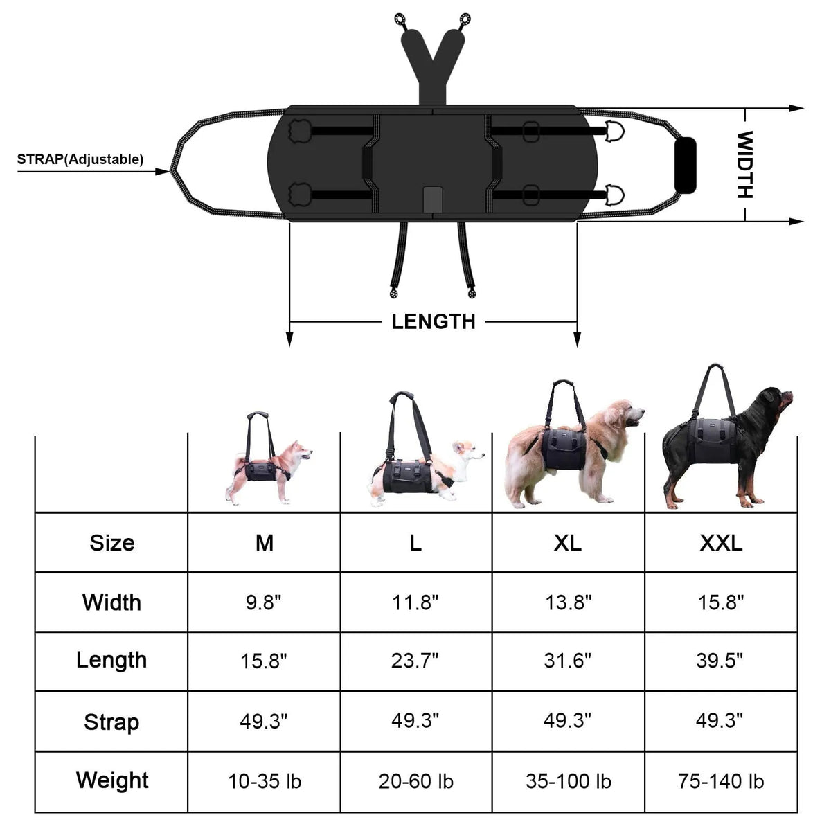 Black adjustable dog harness made from Oxford cloth with a metal D-ring and padded chest strap.