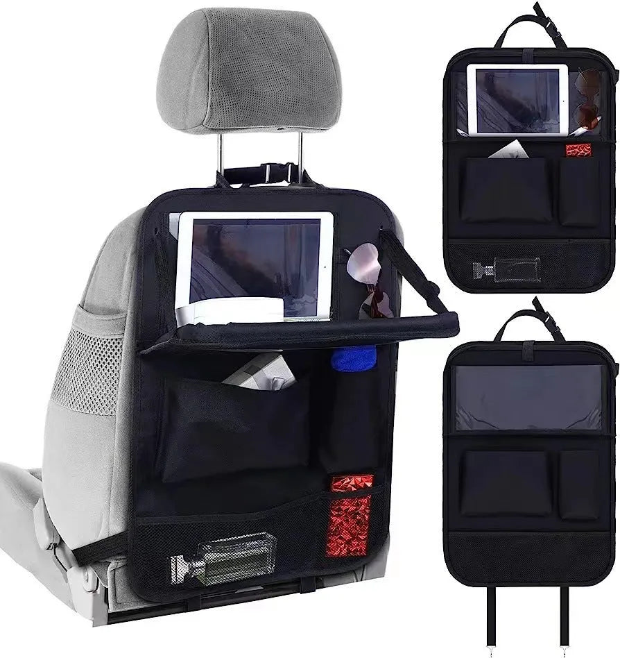Black Oxford cloth car seat back buggy bag hanging behind vehicle headrest with 42x30cm storage capacity