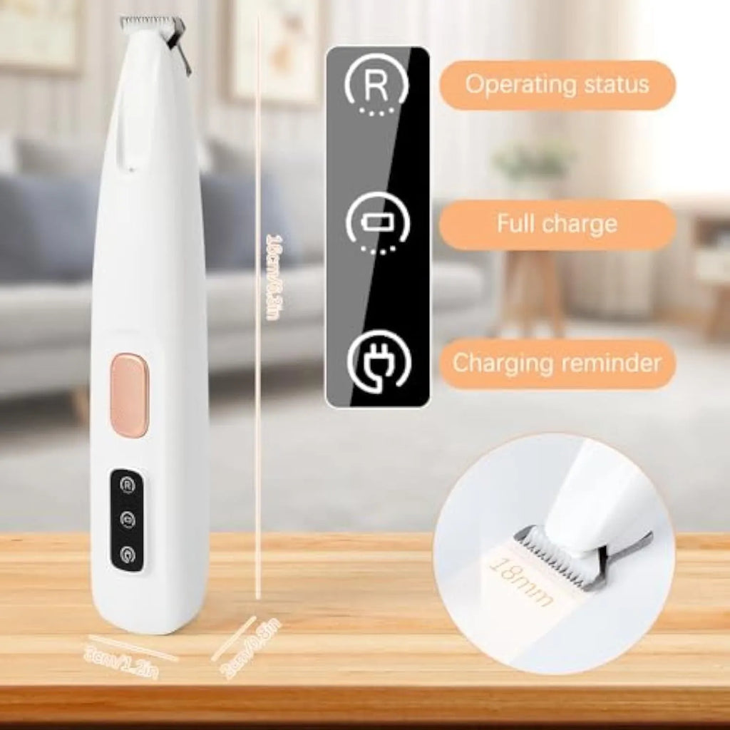 White electric dog paw trimmer with LED light showing compact design and grooming blades