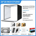 50cm foldable studio light box with three-colour LED lights and reflective cloth interior for product photography.