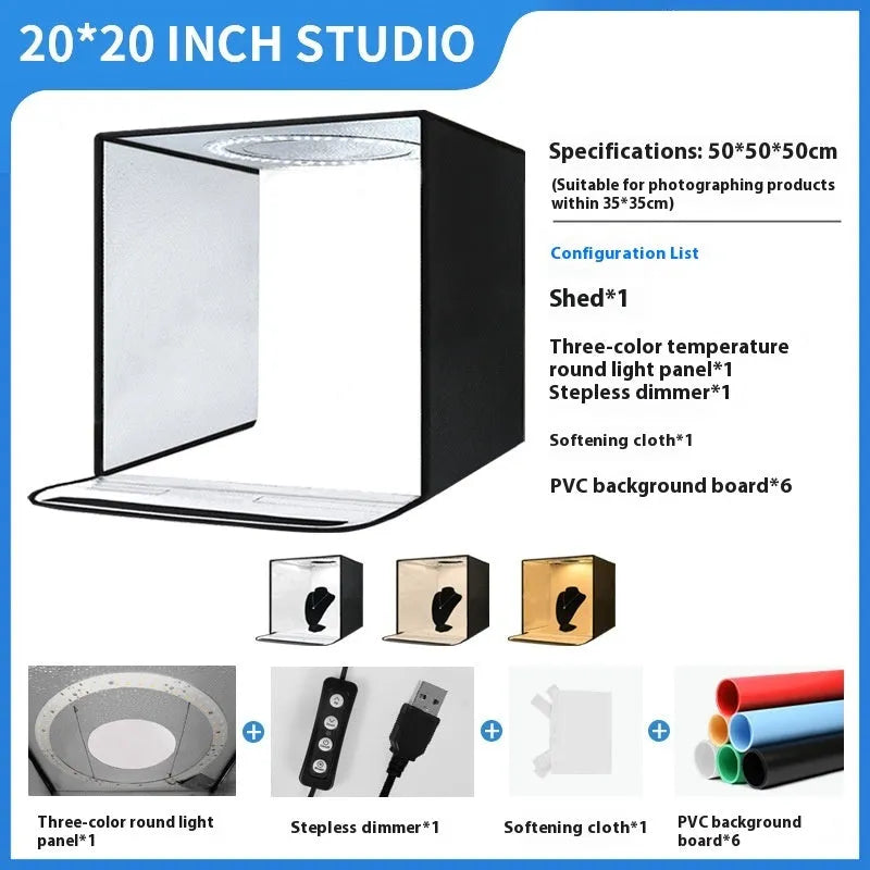 50cm foldable studio light box with three-colour LED lights and reflective cloth interior for product photography.