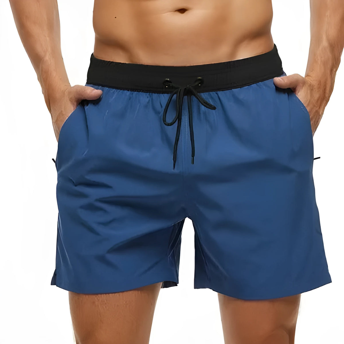 Men's blue drawstring shorts with stitched waistband and zippered pockets, shown for running and fitness use.