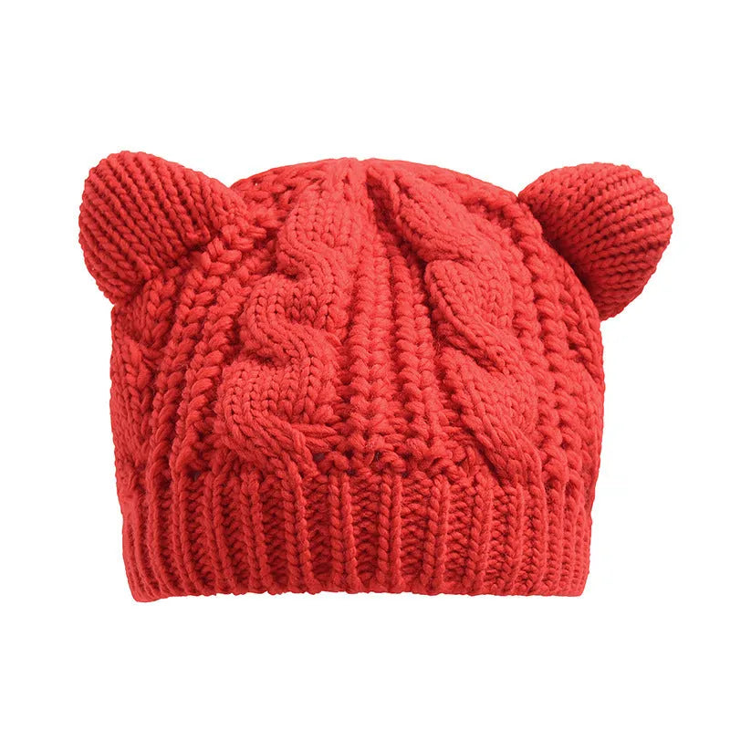 Hand-made knitted winter beanie with 3D cat ears in multiple colour options