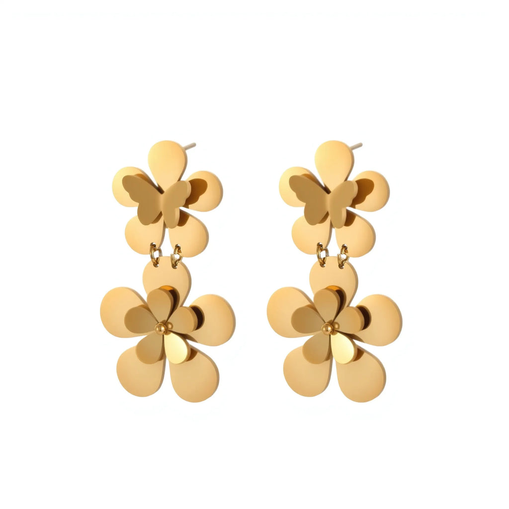 Gold flower butterfly stainless steel earrings for women with 18K electroplating