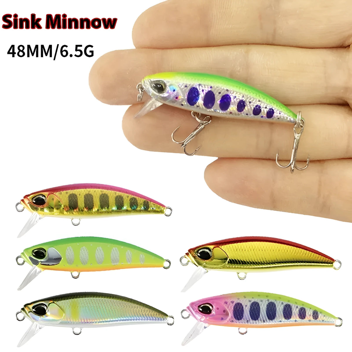 48mm submerged minnow fishing crankbait lure for snakehead and mandarin fish in multiple colours.