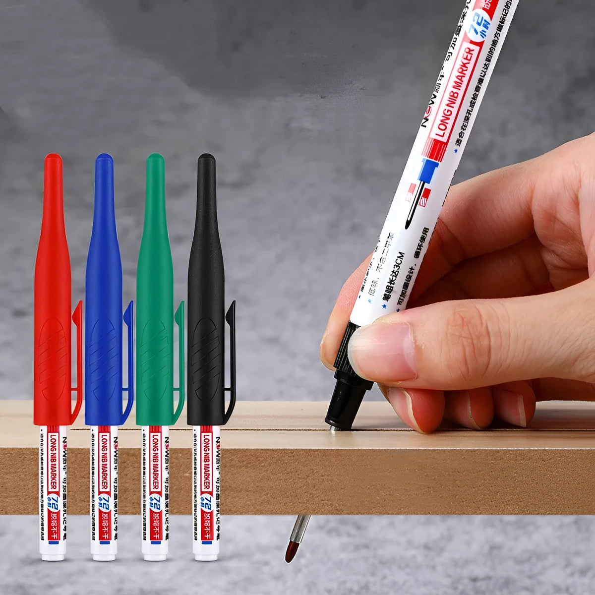 Oil marker pen for woodworking with quick-drying waterproof ink in black, red, blue, and green colours.