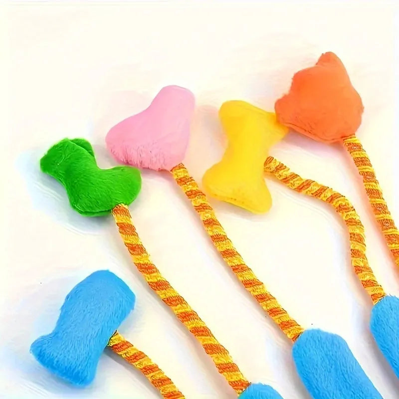 Yellow and blue plush cat toy with jingle bell and 40cm nylon cord trailer