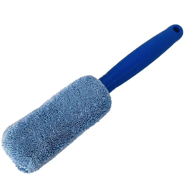 Blue microfiber car tyre brush with long 29 cm handle for wheel cleaning