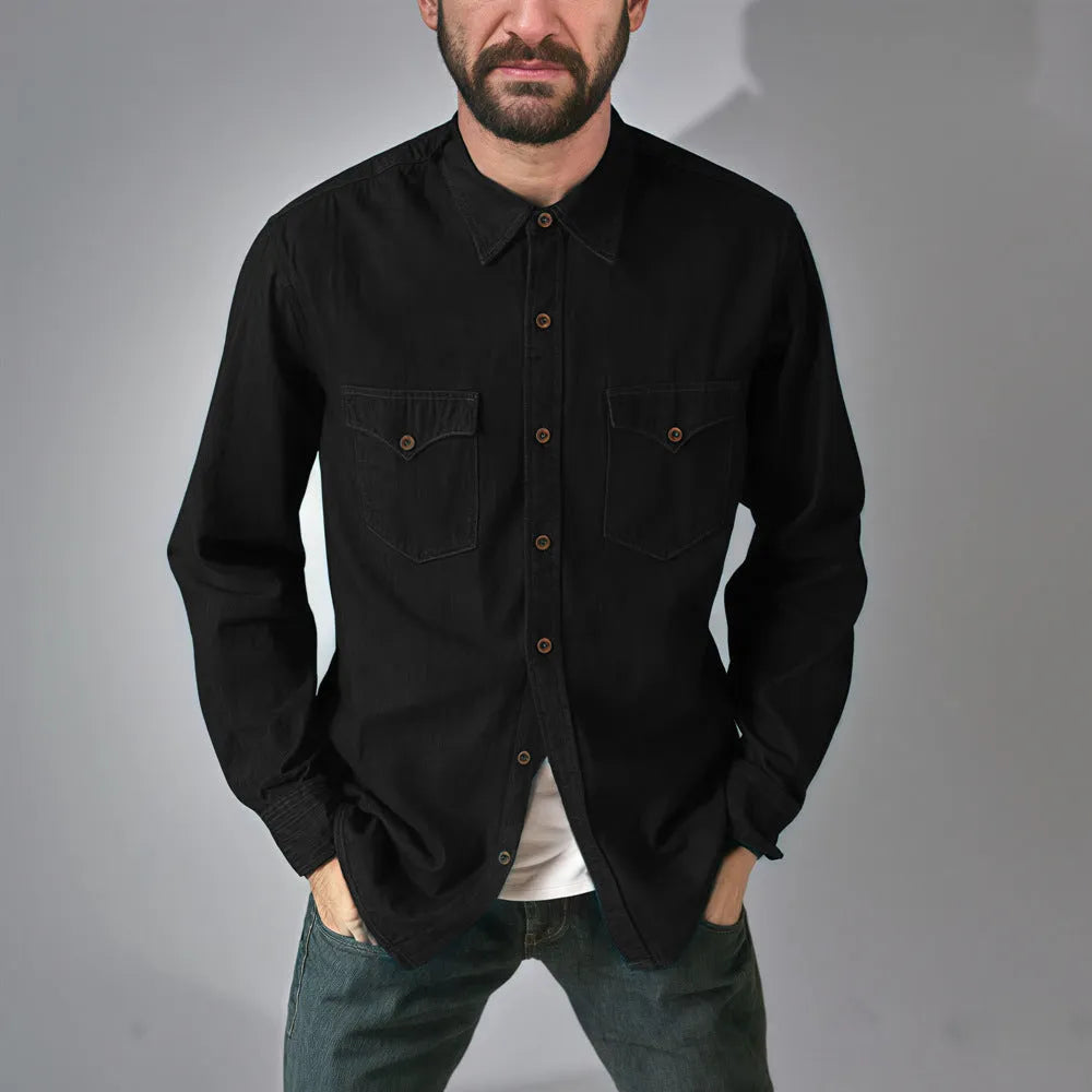 Regular fit denim cardigan coat in khaki on a hanger.