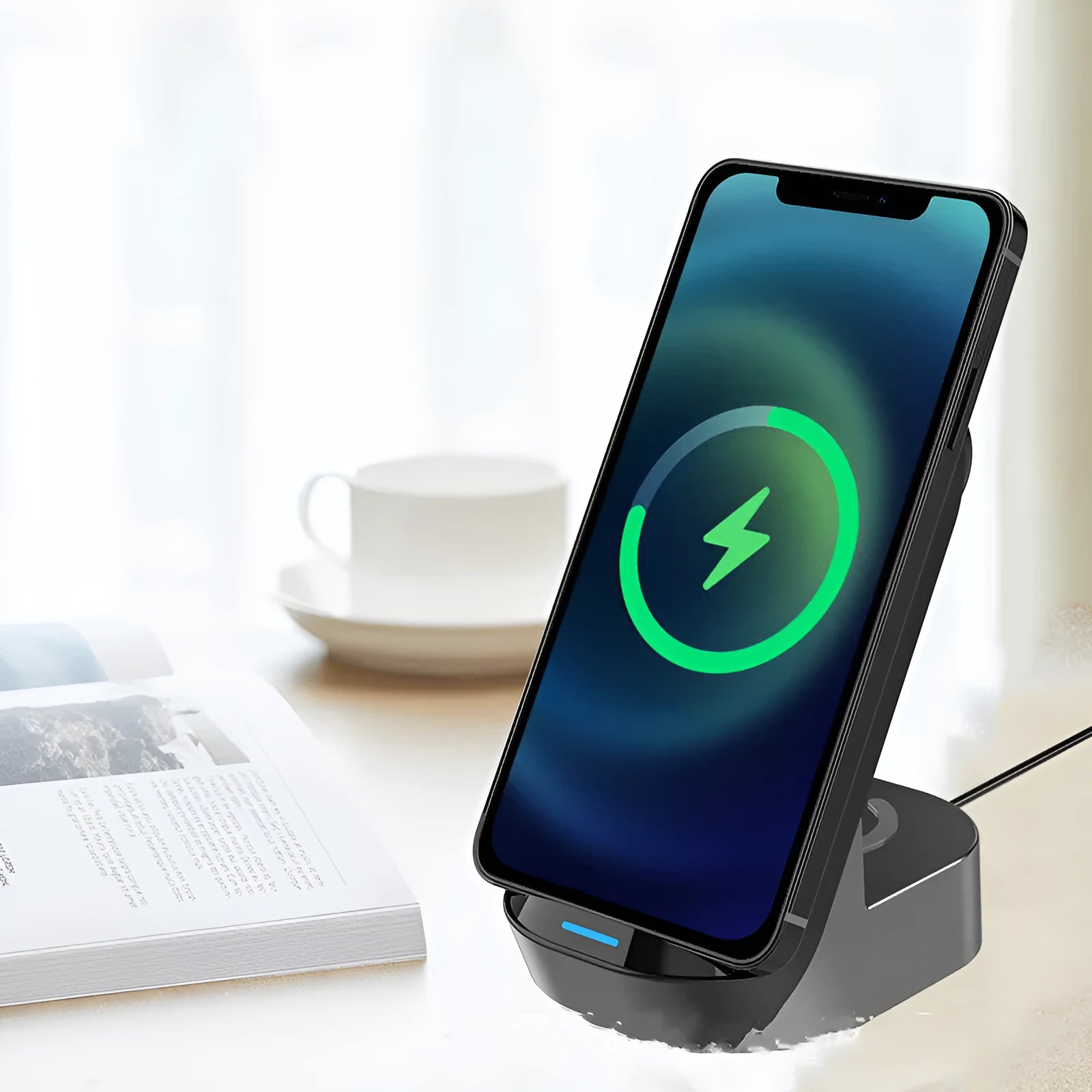 Black grey foldable 3-in-1 wireless charging stand with phone, headphone, and watch charging stations