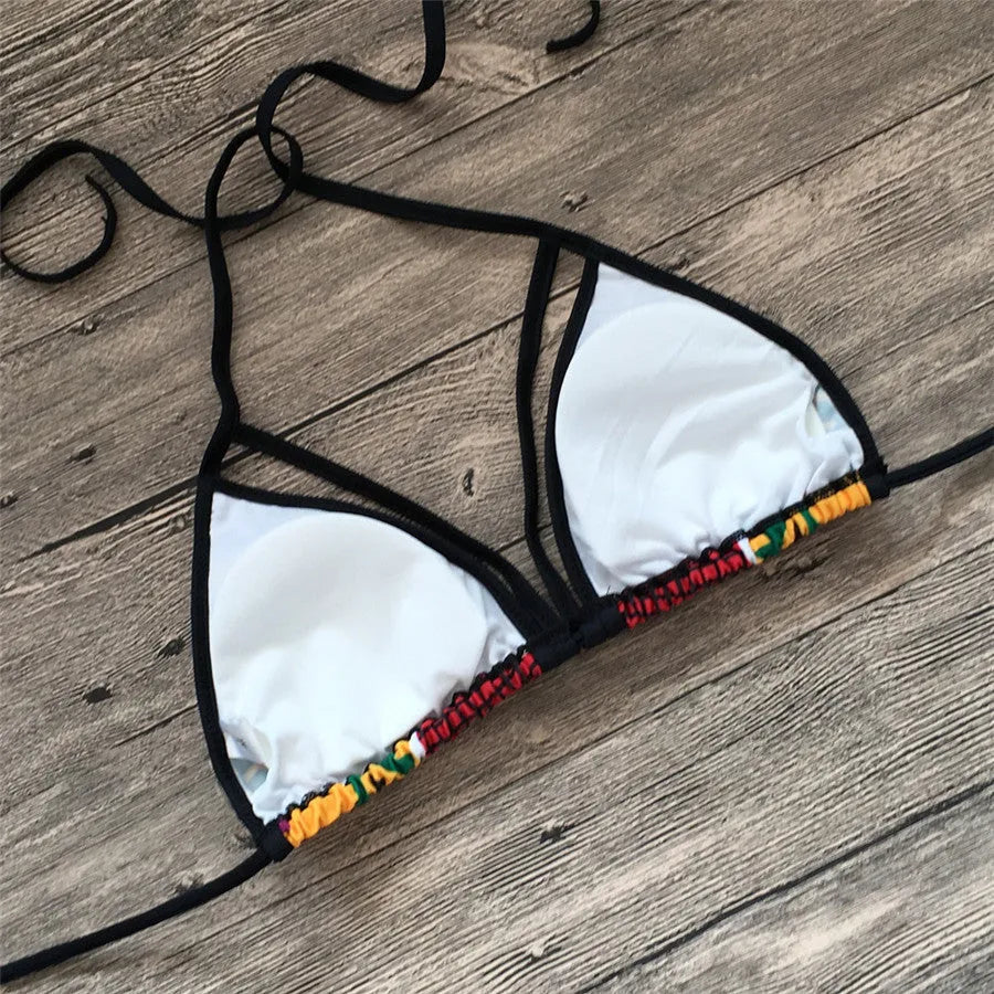 Women's high waist split bikini swimsuit with digital print pattern and backless top in polyester blend fabric
