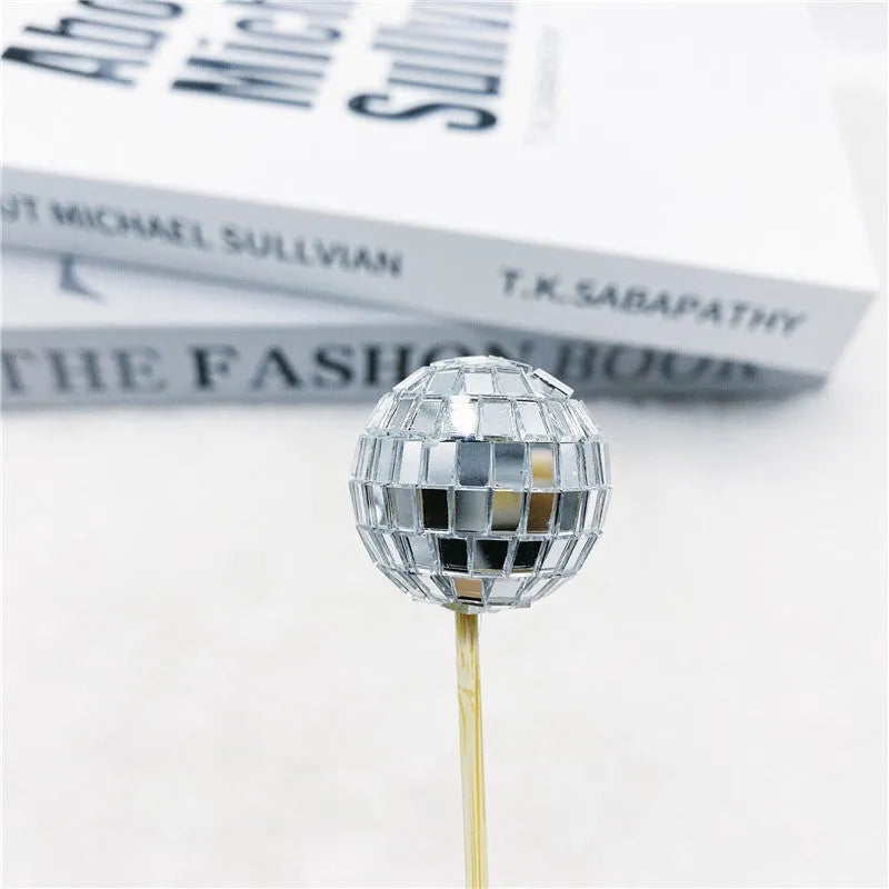 Glass disco ball cake decoration with wooden stick in various sizes for birthday cakes