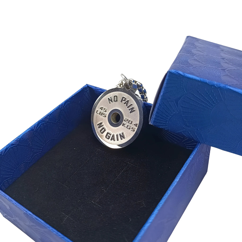 Stainless steel barbell disk pendant necklace with geometric design on 60cm chain