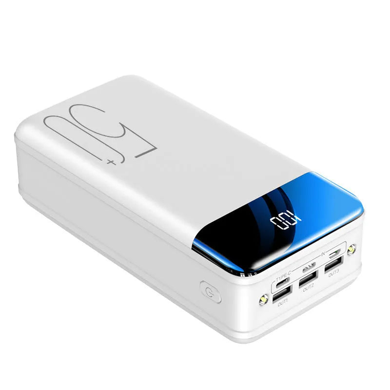 Black or white 50000 mAh power bank with three output ports measuring 169 x 83 x 52 mm