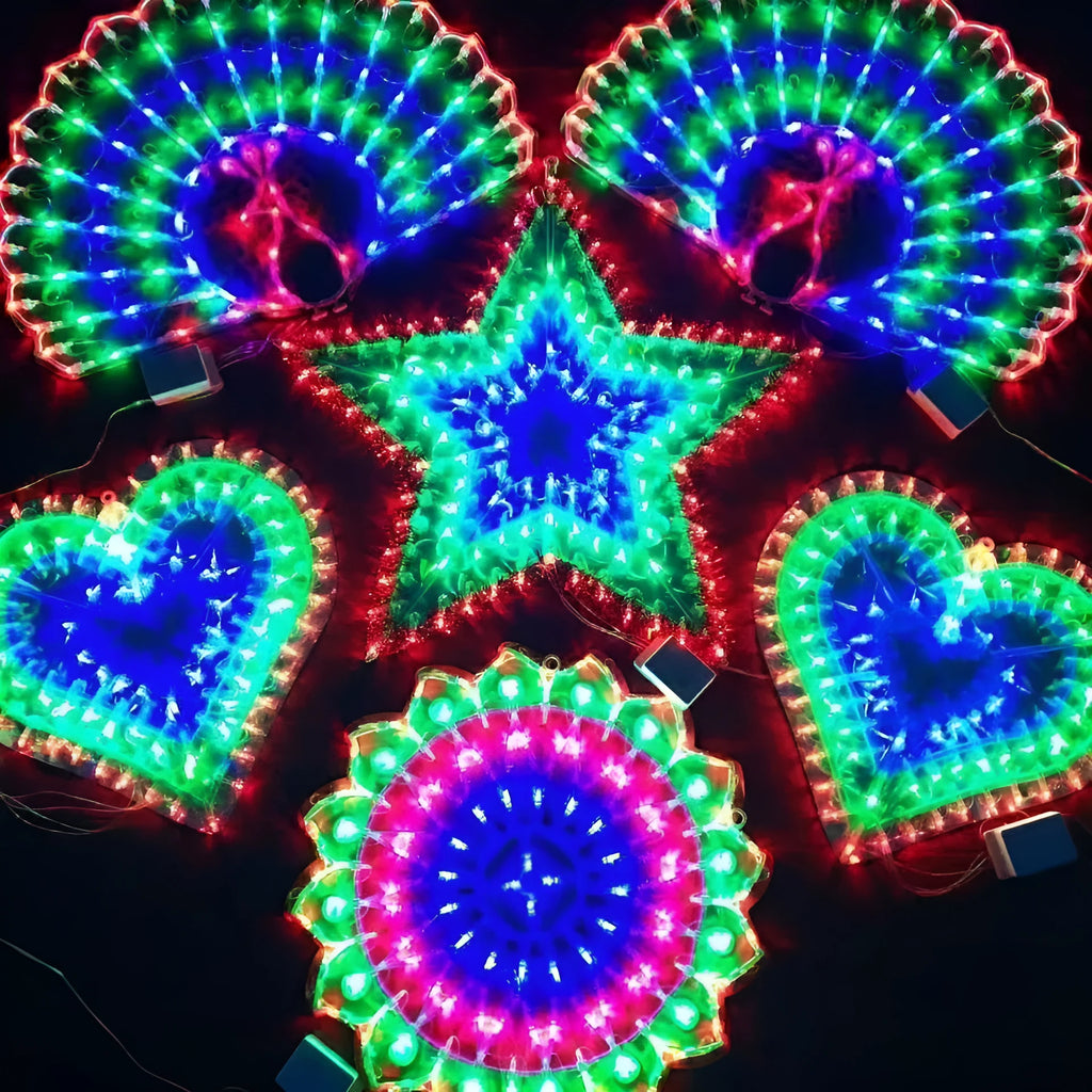 Christmas Festival outdoor decorative string lights with multiple coloured designs including peacock lamp, love heart, sunflower, and star shapes