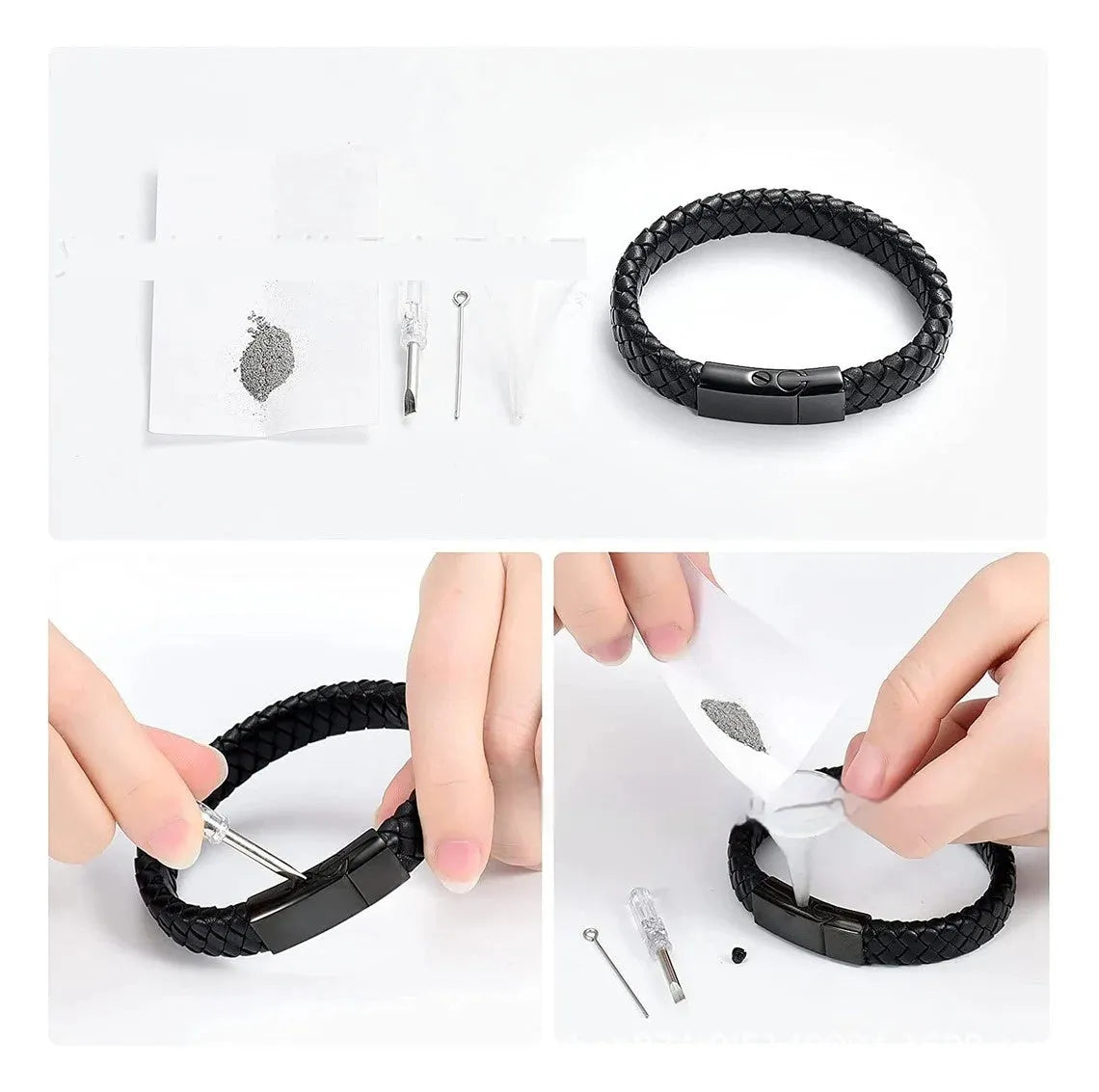Black stainless steel bracelet with leather cinerary charm and engraved text, presented in a gift box.