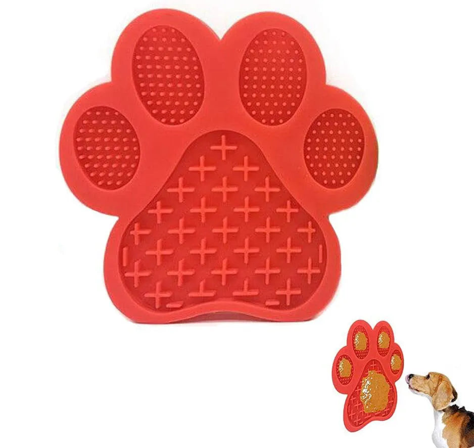 Square blue silicone dog licking mat with bone texture and suction cups on back.