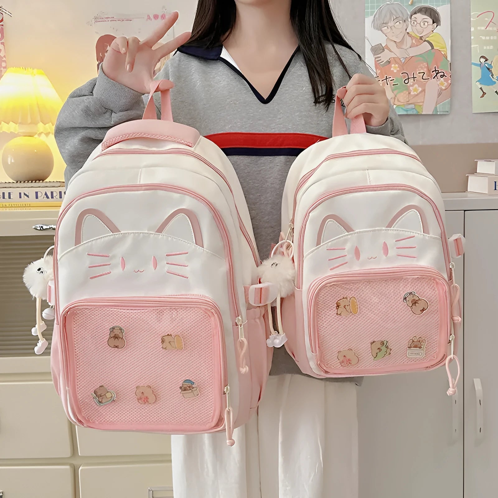 Korean cartoon anime style large capacity nylon backpack in various colours with curved shoulder straps.