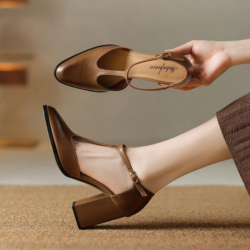 Women's retro pointed toe Mary Jane shoes with buckle fastening in dark brown leather.