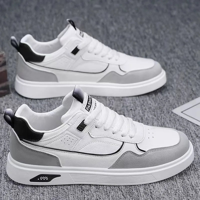 Men's Korean-style low-top canvas board shoes in black, beige, or gray with mesh lining and leather stitching.