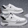 Men's Korean-style low-top canvas board shoes in black, beige, or gray with mesh lining and leather stitching.