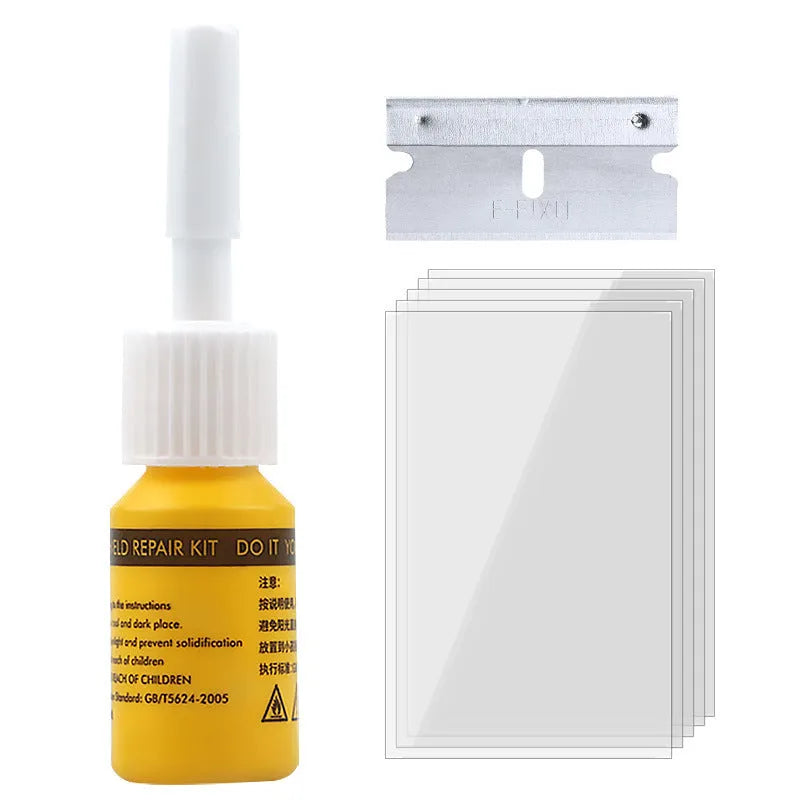 Yellow three-piece car glass repair tool set with resin bottle for windshield crack repair