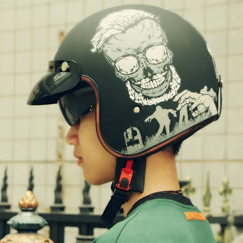 Retro-style half riding helmet in ABS plastic shown in orange and black colour scheme.