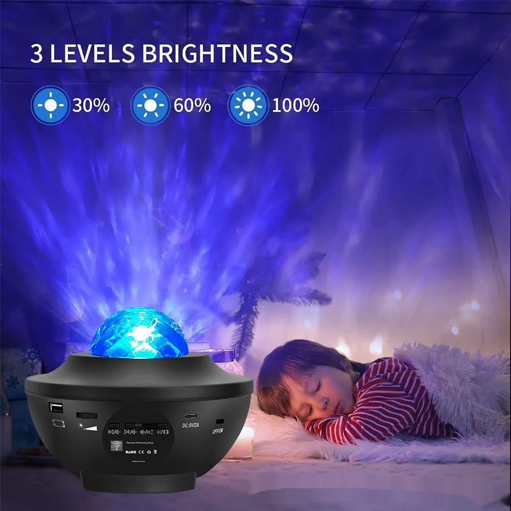 Black parallel starry sky projection lamp with water ripple laser effects and Bluetooth speaker